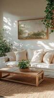 Cozy living room with natural light and indoor plants in a serene setting photo
