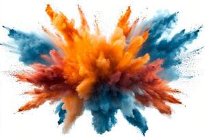 Vibrant explosion of colored powder against a white background during a creative activity photo
