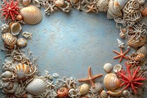 Delicate arrangement of various seashells and starfish on a light blue textured background photo