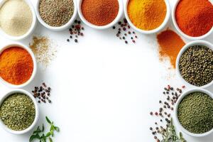 Colorful arrangement of various spices and herbs on a white surface with empty space for text photo