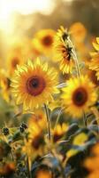 Golden flowers bloom in a serene field at dusk with soft glowing light photo