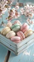 Freshly made colorful macarons arranged neatly in a decorative box on a wooden table photo