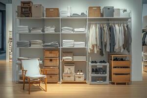 A stylishly organized closet featuring neatly arranged clothes and accessories in a calm setting photo