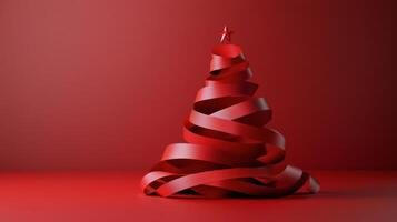 Red ribbon Christmas tree decoration on a solid red background for holiday celebrations photo