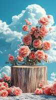 A beautiful wooden podium surrounded by blooming pink roses under a clear blue sky photo