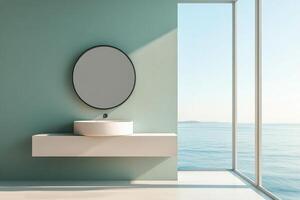 Modern bathroom design with ocean view providing natural light and greenery at sunrise photo