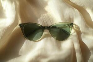 Stylish green sunglasses resting on a soft fabric background during daylight hours photo
