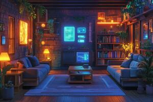 Modern living room with futuristic decor and digital interfaces at night in a city setting photo