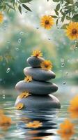 Tranquil stone stack adorned with vibrant yellow flowers beside a serene water surface photo