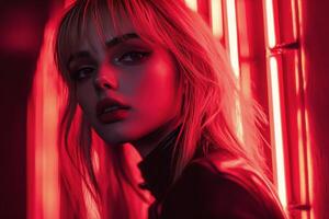 A young woman poses confidently under vibrant red lights in an urban setting at night photo