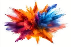 Vibrant explosion of colored powder against a white background during a creative activity photo