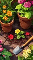 A vibrant garden path surrounded by blooming flowers and gardening tools placed on rich soil photo