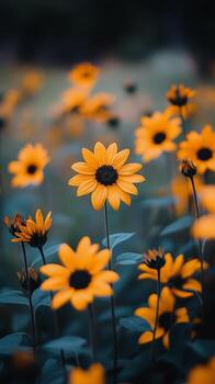 Golden flowers bloom in a serene field at dusk with soft glowing light photo
