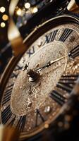 Intricate antique clock with ornate details and a golden finish captured in soft lighting photo