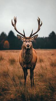 Majestic stag standing tall in a misty meadow during autumn at twilight photo