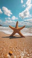A large starfish rests on the sandy beach with vibrant blue ocean and fluffy white clouds photo