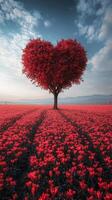 A vibrant heart shaped tree standing tall in a field of red flowers at sunset photo