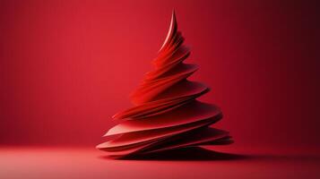 Red ribbon Christmas tree decoration on a solid red background for holiday celebrations photo