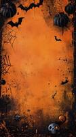 Spooky Halloween decorations featuring bats, skulls, and spider webs on an orange background photo