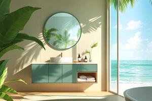 Modern bathroom design with ocean view providing natural light and greenery at sunrise photo