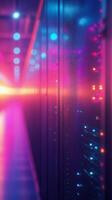 A vibrant display of colorful lights illuminating a data center corridor at night photo