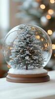 A snow globe featuring a miniature tree surrounded by winter decorations on a festive table photo