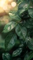 Green leaves with water droplets illuminated by soft sunlight in a serene natural setting photo