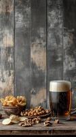 A refreshing beverage with snacks arranged on a wooden surface in a cozy setting photo