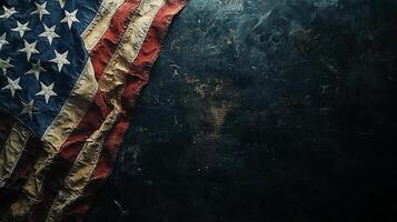 Worn American flag draped against a textured dark surface creating a historical atmosphere photo