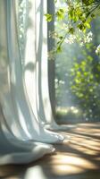 Sunlight streaming through a window onto a wooden floor in a serene garden setting photo