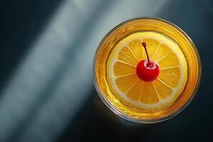 Refreshing beverage with cherries and lemon served over ice in a glass on a dark surface photo