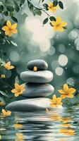 Tranquil stone stack adorned with vibrant yellow flowers beside a serene water surface photo