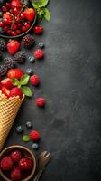 Fresh berries overflowing from a waffle cone on a dark textured surface with mint leaves photo