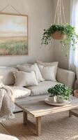 Cozy living room with natural light and indoor plants in a serene setting photo