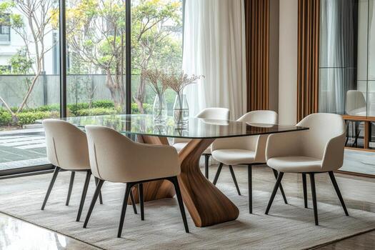 Modern dining room featuring unique table design and elegant chairs in a stylish setting photo
