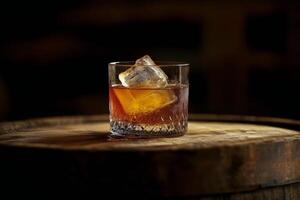 A glass of whiskey with ice resting on a wooden barrel in a warm, dimly lit environment photo