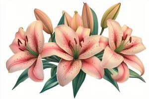 Pink lilies on a white background, highlighting their delicate petals and vibrant details photo