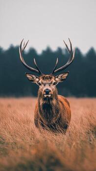 Majestic stag standing tall in a misty meadow during autumn at twilight photo