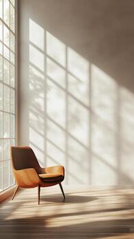 Cozy corner with modern chair and autumn light streaming through large windows photo