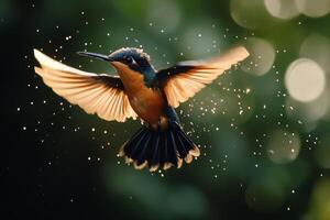 A hummingbird hovers near green leaves on a sunny day in a tranquil garden photo