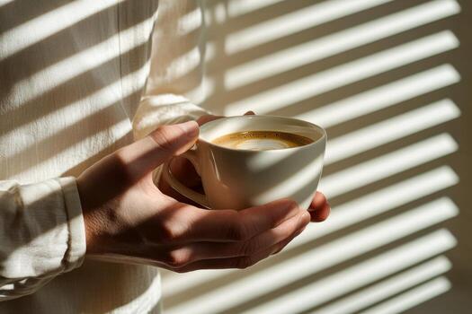 A person enjoying a warm cup of coffee indoors with sunlight creating striped shadows on the wall photo
