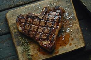 Juicy grilled steak resting on a wooden board with herbs at a rustic setting in the evening photo