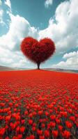 A vibrant heart shaped tree standing tall in a field of red flowers at sunset photo