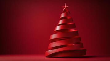 Red ribbon Christmas tree decoration on a solid red background for holiday celebrations photo