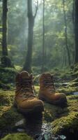 Person relaxing with hiking boots on soft moss under trees in a tranquil forest setting photo