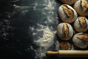 Freshly baked bread and kitchen tools on a dark countertop ready for baking at home photo