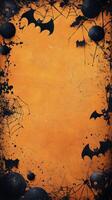 Spooky Halloween decorations featuring bats, skulls, and spider webs on an orange background photo