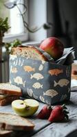 Freshly baked bread and apples displayed in a decorative basket on a rustic table photo