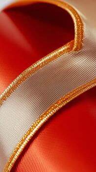 Close up view of a beautifully wrapped present with a golden bow on a red glitter background photo