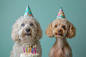 Two happy poodles celebrate a birthday with colorful hats and a cake topped with candles photo